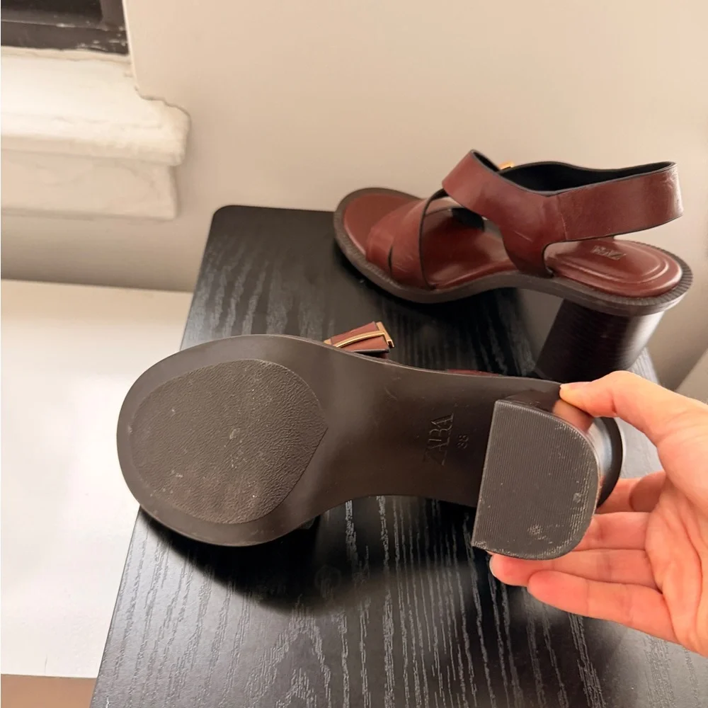 Zara Brown Leather Sandals With Gold Buckles Like New 2025 - Picture 5 of 5